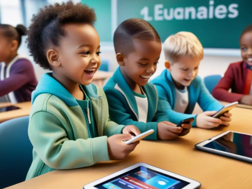 Un grupo diverso de niños juega con entusiasmo juegos móviles educativos innovadores en un aula moderna y colorida