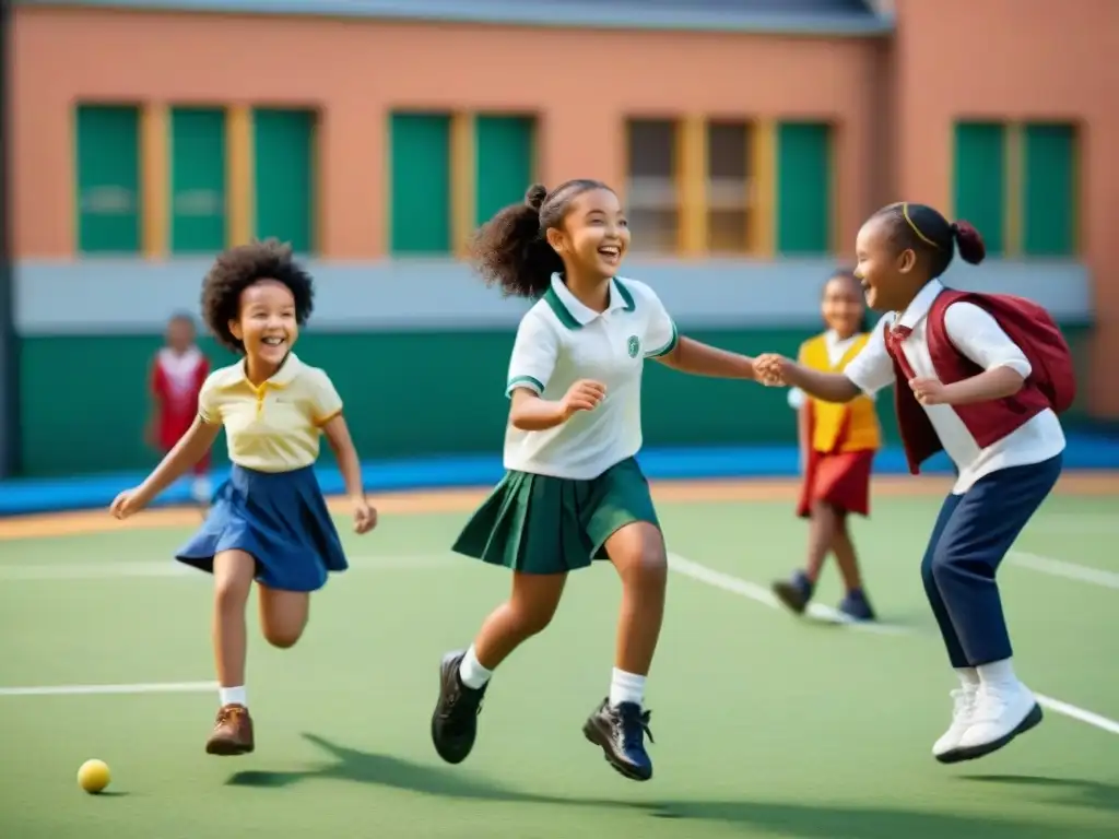 Un grupo diverso de niños escolares juega alegremente juegos populares en comunidades escolares