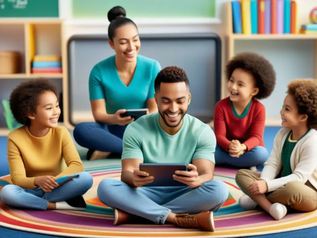 Grupo diverso de niños felices jugando con juegos de móviles educativos en un aula colorida