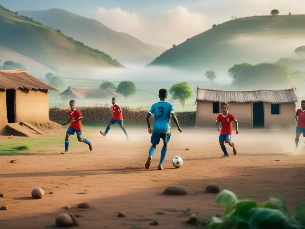 Un grupo diverso de niños juega fútbol en un campo improvisado en una aldea rural, mostrando la evolución del fútbol en culturas