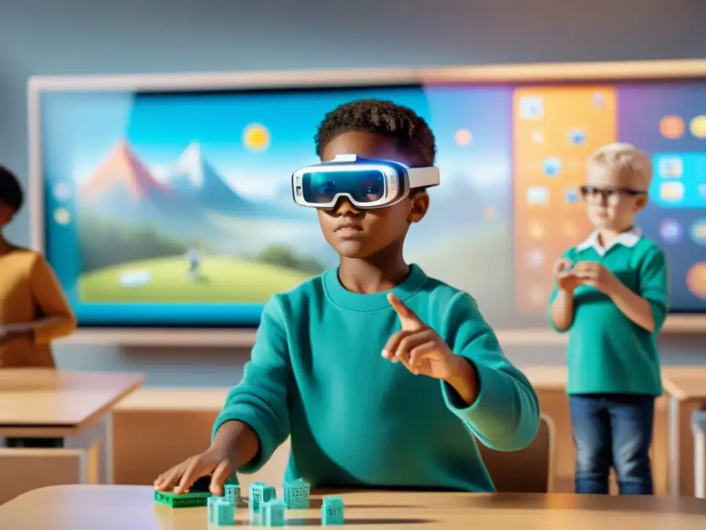 Un grupo diverso de niños inmersos en un mundo virtual educativo, colaborando con lentes de Realidad Aumentada