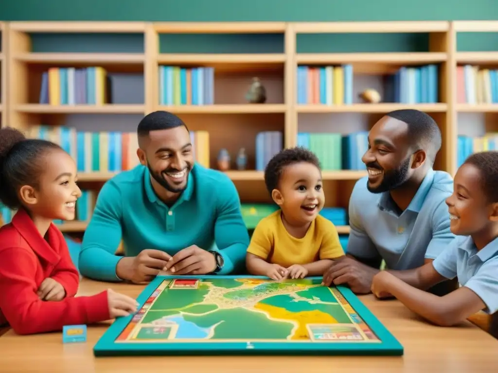 Un grupo diverso de niños juega un juego de mesa educativo internacional en un aula vibrante y estimulante