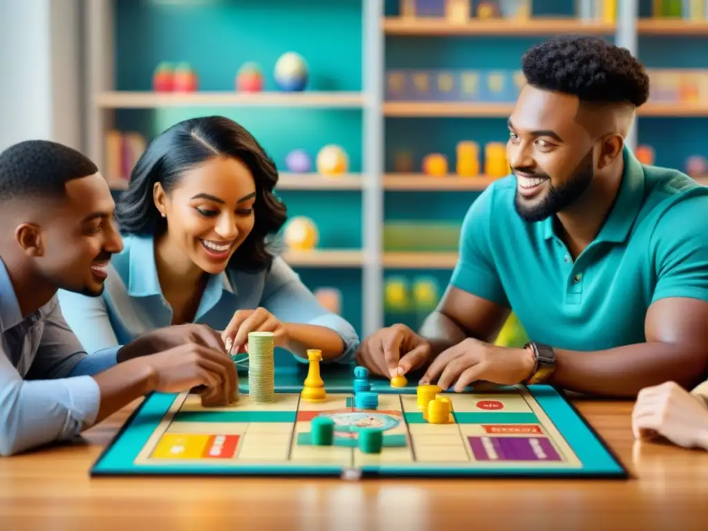 Un grupo diverso de niños juega un juego de mesa educativo en un aula vibrante, con piezas coloridas esparcidas