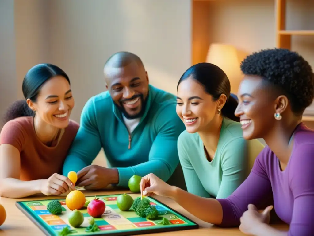 Grupo diverso de niños disfrutando de un juego educativo de nutrición saludable, rodeados de adultos atentos