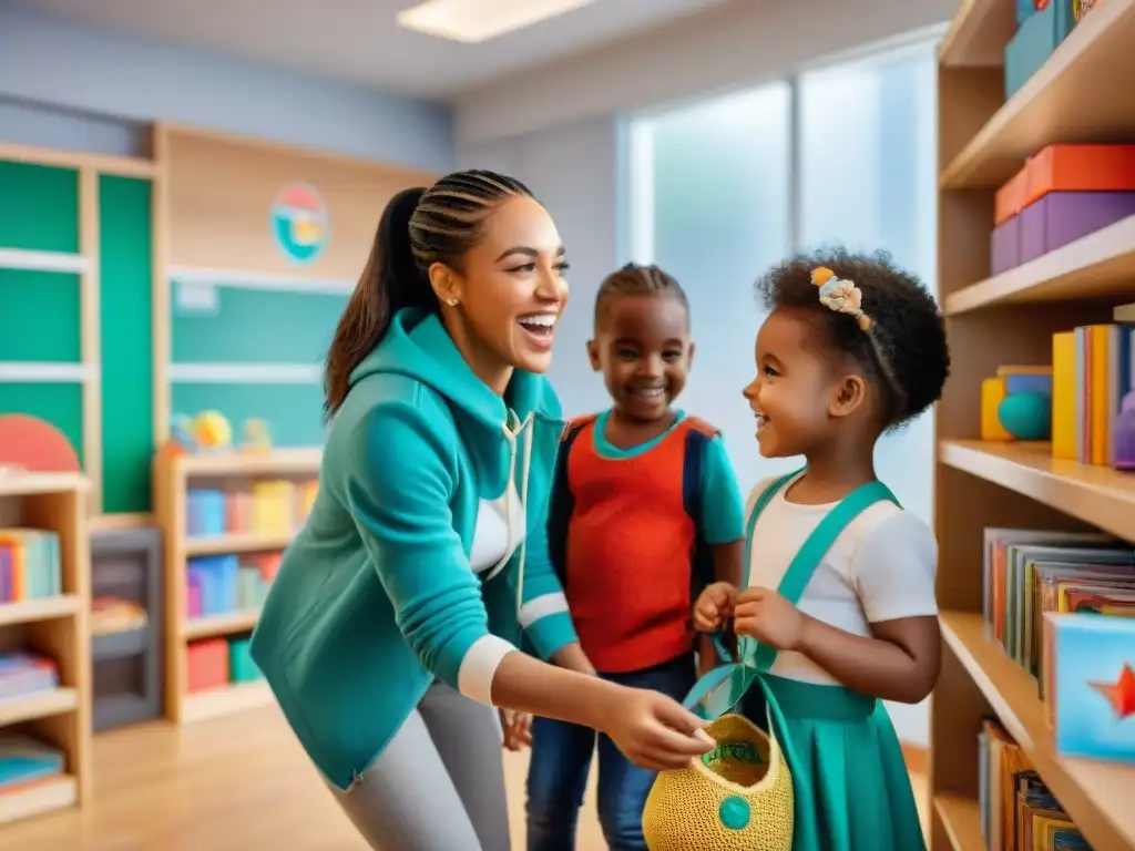 Grupo diverso de niños disfrutando de juegos educativos en un aula colorida, estimulante para el desarrollo cognitivo temprano