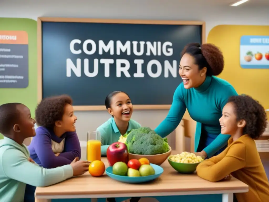 Grupo diverso de niños disfrutando juegos educativos sobre nutrición en aula vibrante con pósters saludables