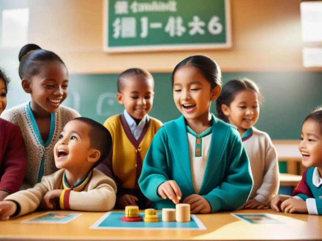 Grupo diverso de niños disfrutando de juegos educativos en aula multicultural