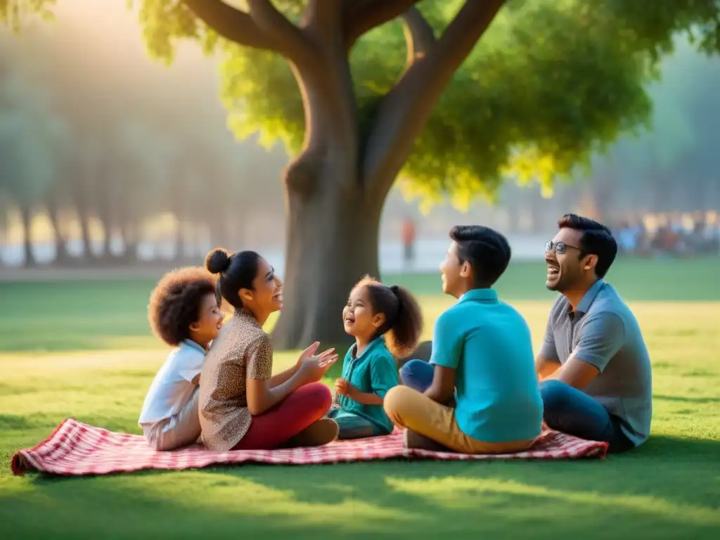 Grupo diverso de niños riendo y jugando juegos de palabras tradicionales bajo un árbol al atardecer