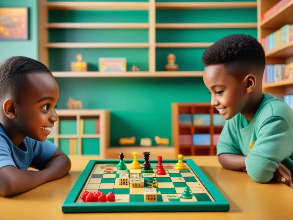 Un grupo diverso de niños participa animadamente en juegos de mesa educativos, fomentando la cultura del aprendizaje y la diversión