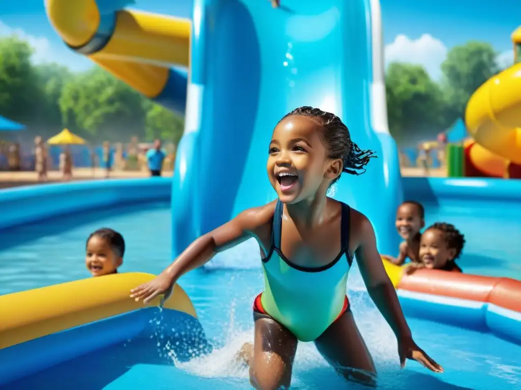 Grupo diverso de niños disfrutando de juegos de agua educativos en un parque acuático, expresando asombro y emoción