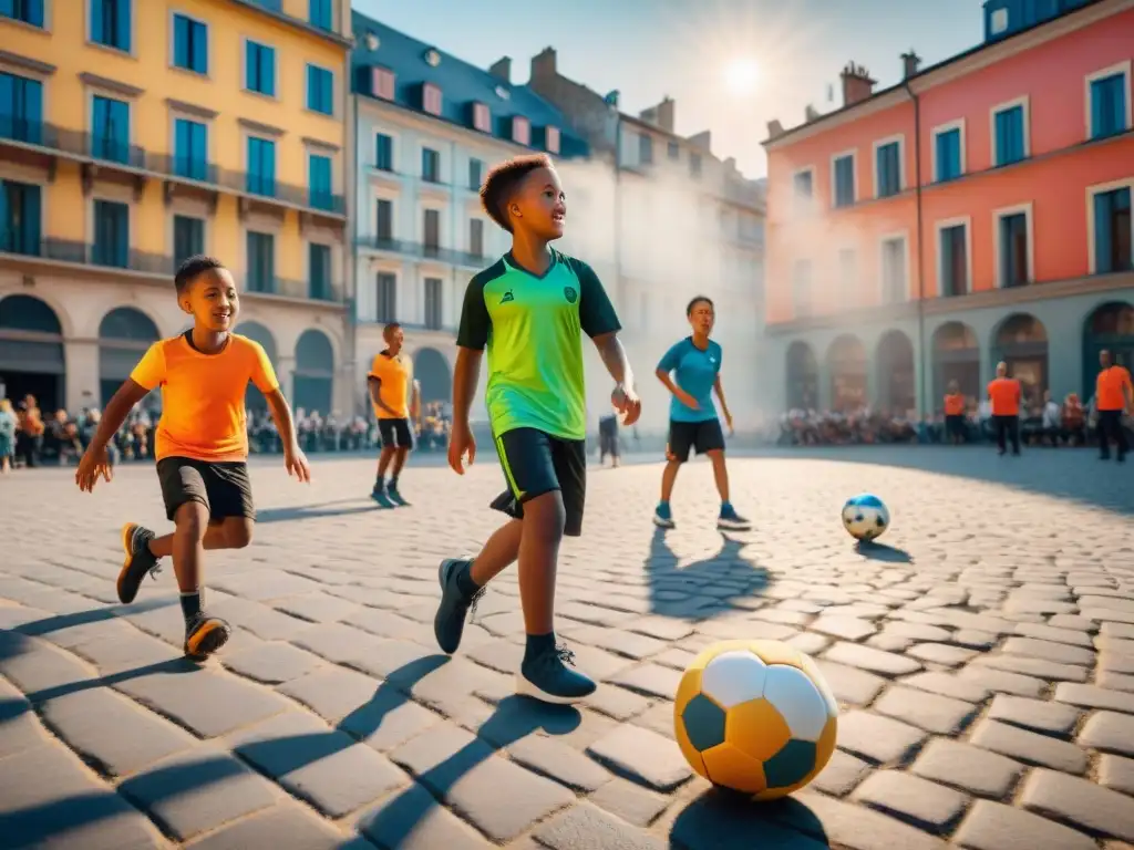 Grupo diverso de niños disfrutando de juegos de calle en ciudades, jugando fútbol en una plaza urbana vibrante