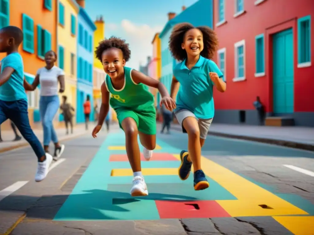 Grupo diverso de niños jugando juegos de calle en desarrollo en una animada calle urbana con arte callejero colorido