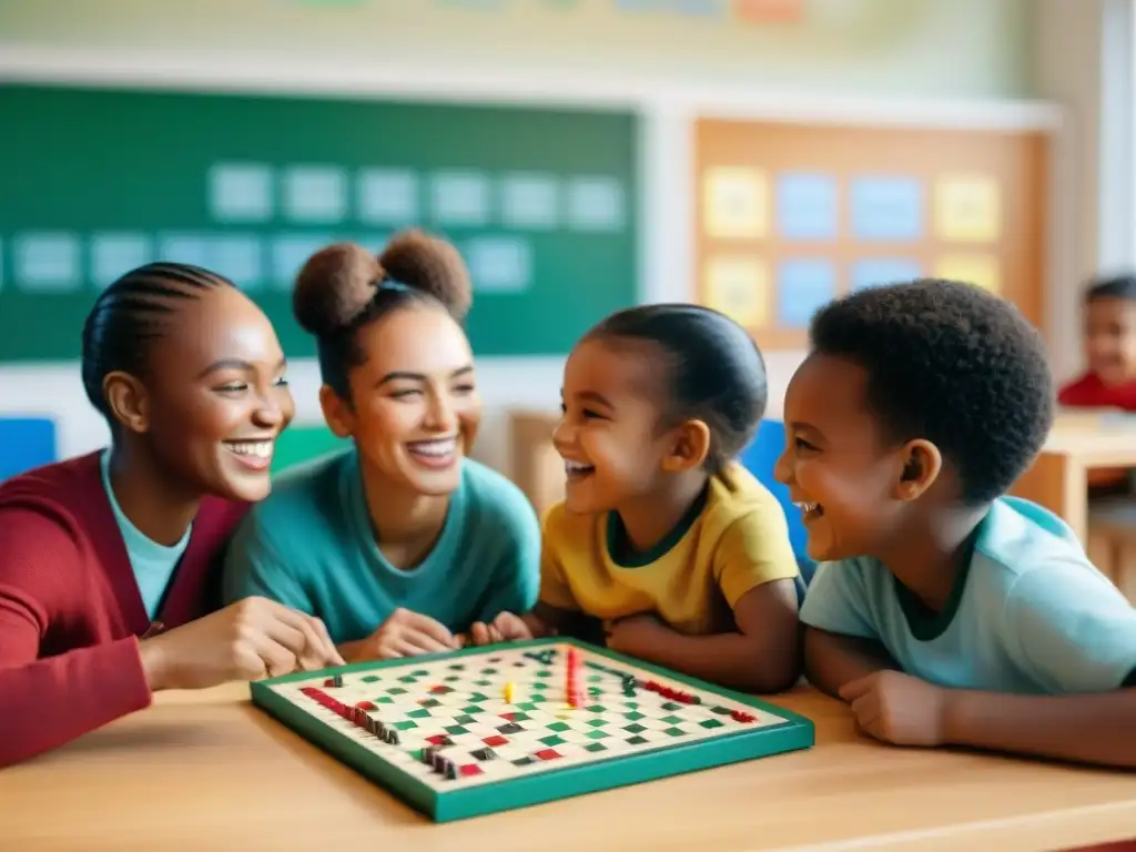 Grupo diverso de niños disfrutando de juegos educativos para el desarrollo en aula iluminada y colorida