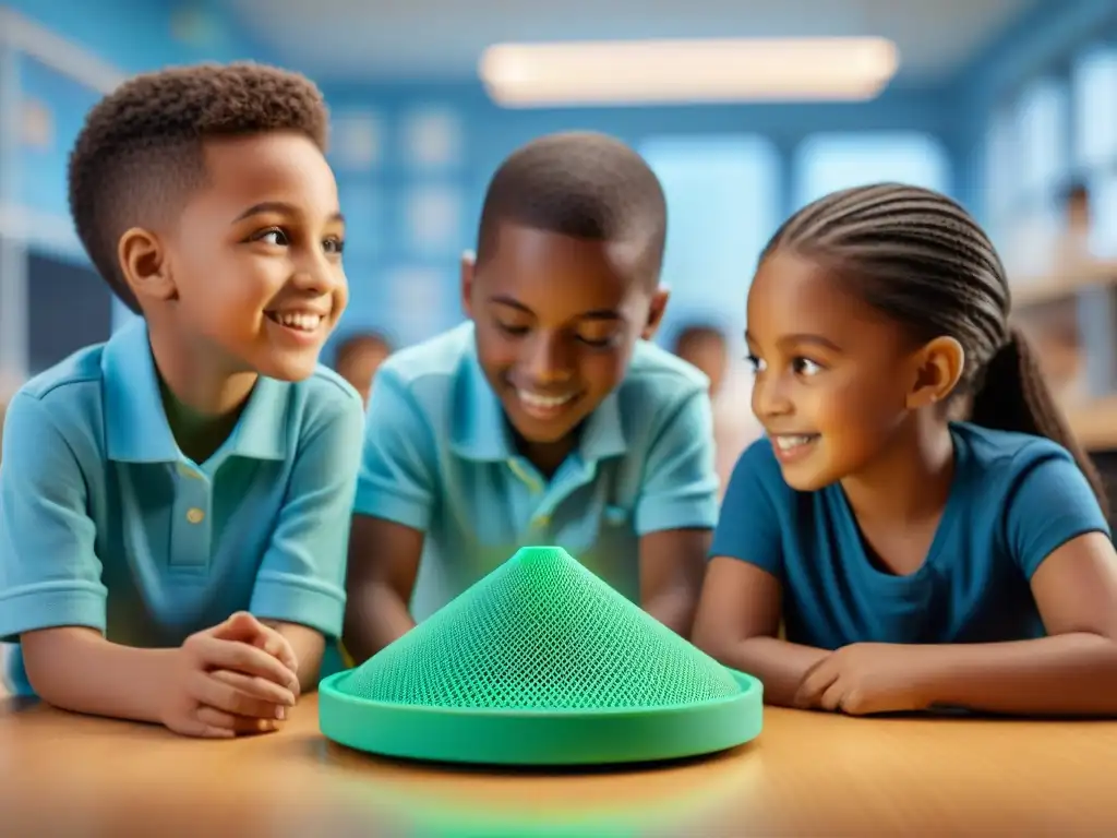 Un grupo diverso de niños disfruta con juguetes educativos impresos en 3D, mostrando entusiasmo y curiosidad en un aula vibrante y educativa