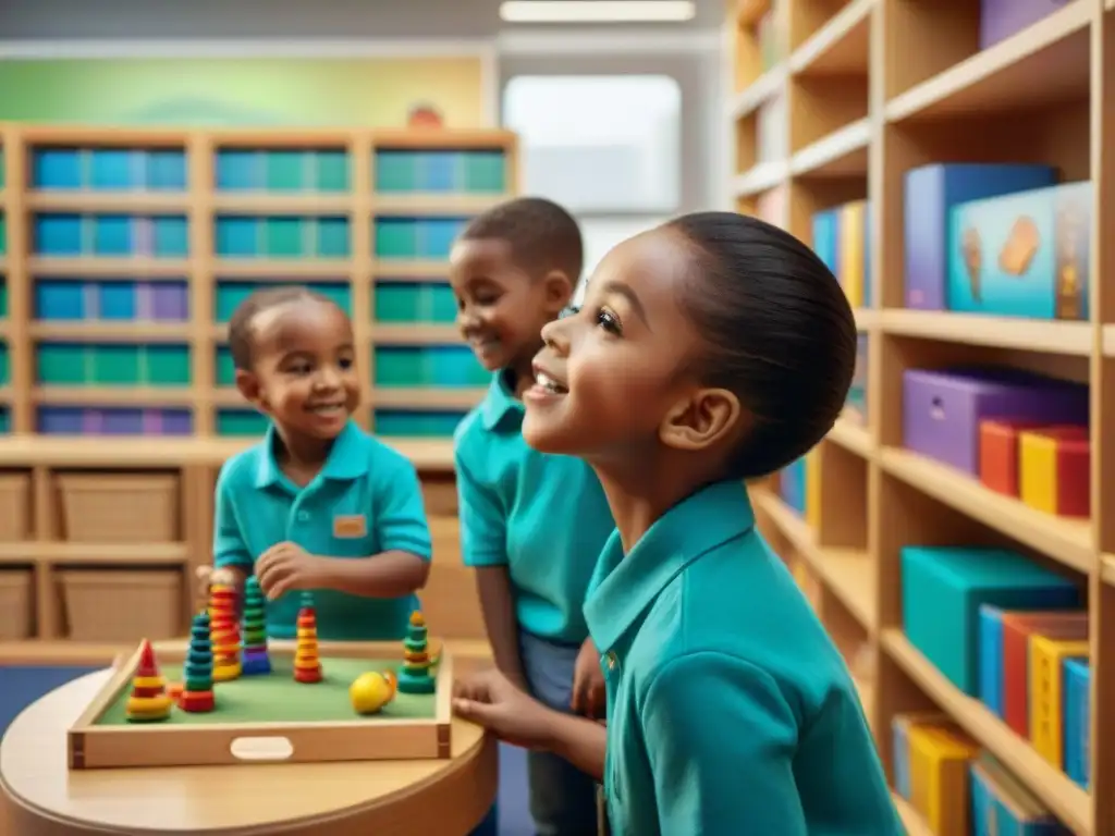 Grupo diverso de niños disfrutando juntos de juegos educativos para el desarrollo en un aula vibrante y estimulante