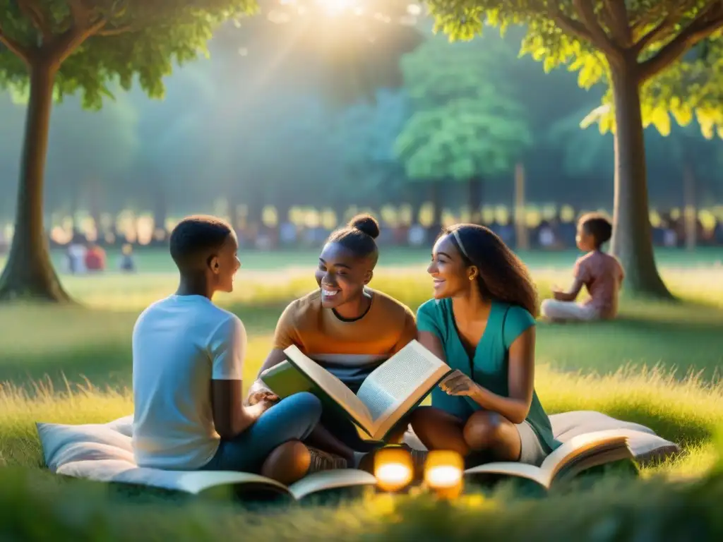 Grupo diverso de niños leyendo libros clásicos en círculo en un campo vibrante