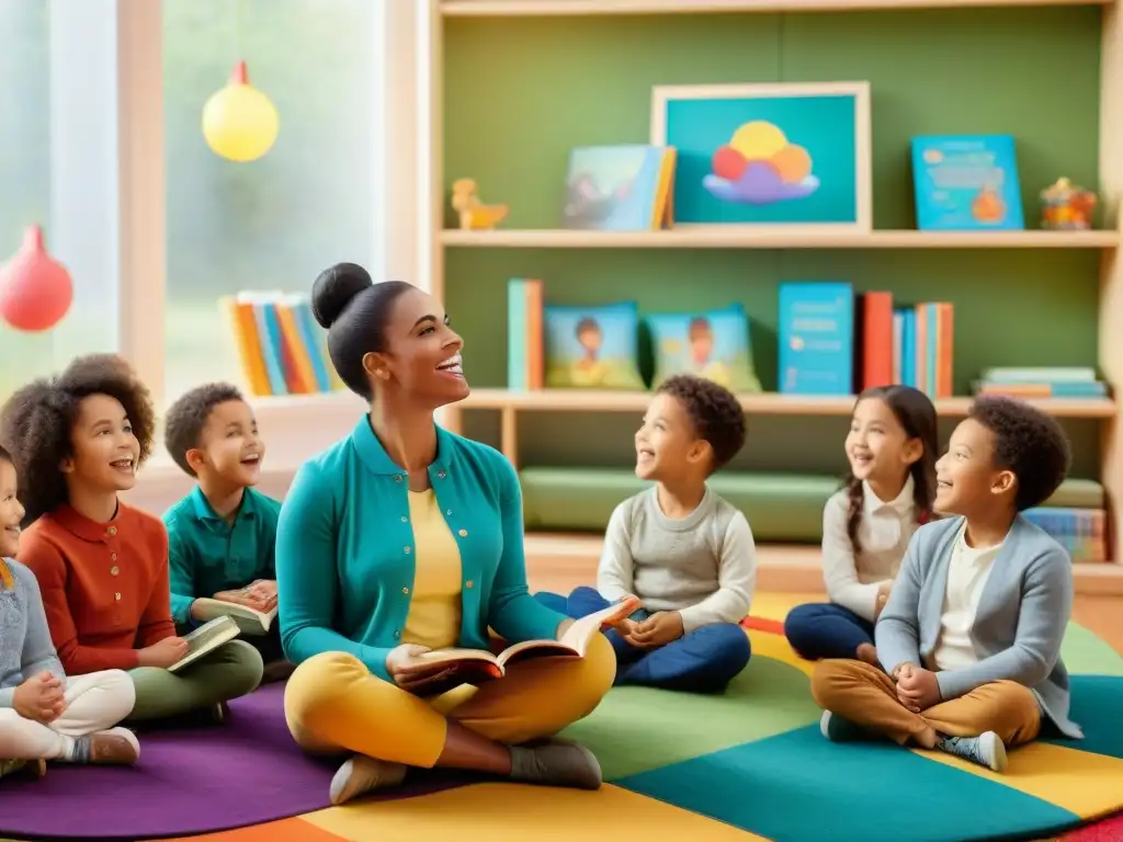 Un grupo diverso de niños escucha atentamente a su maestra mientras disfrutan de juegos educativos literatura niños en un aula encantadora