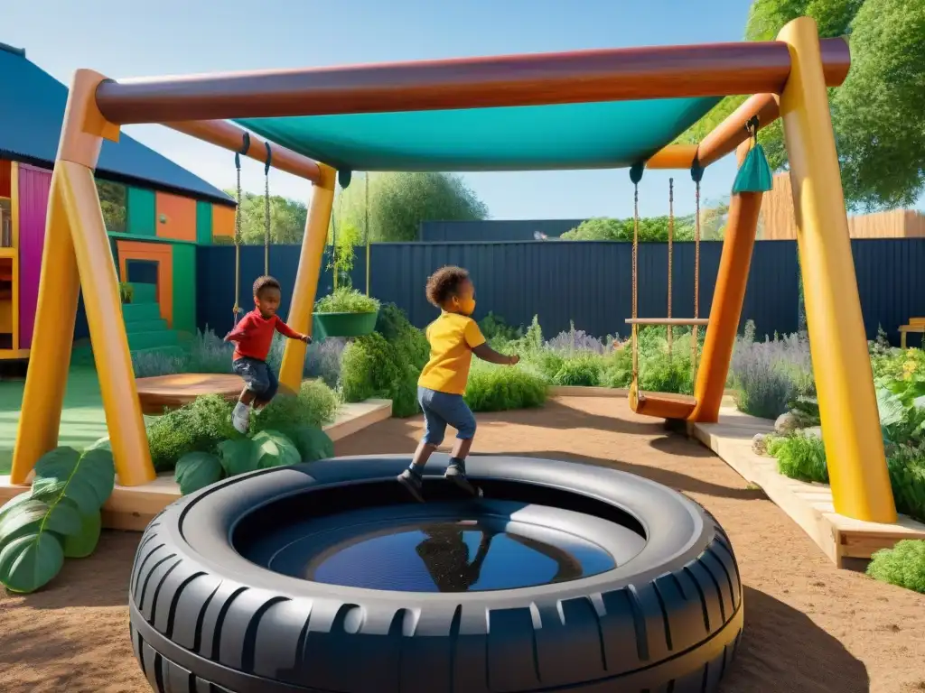 Un grupo diverso de niños juega alegremente en un parque sostenible lleno de materiales reciclados y vegetación