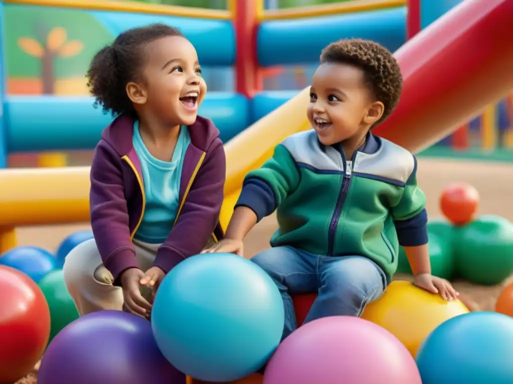 Un grupo diverso de niños juega en un parque inclusivo, compartiendo y colaborando