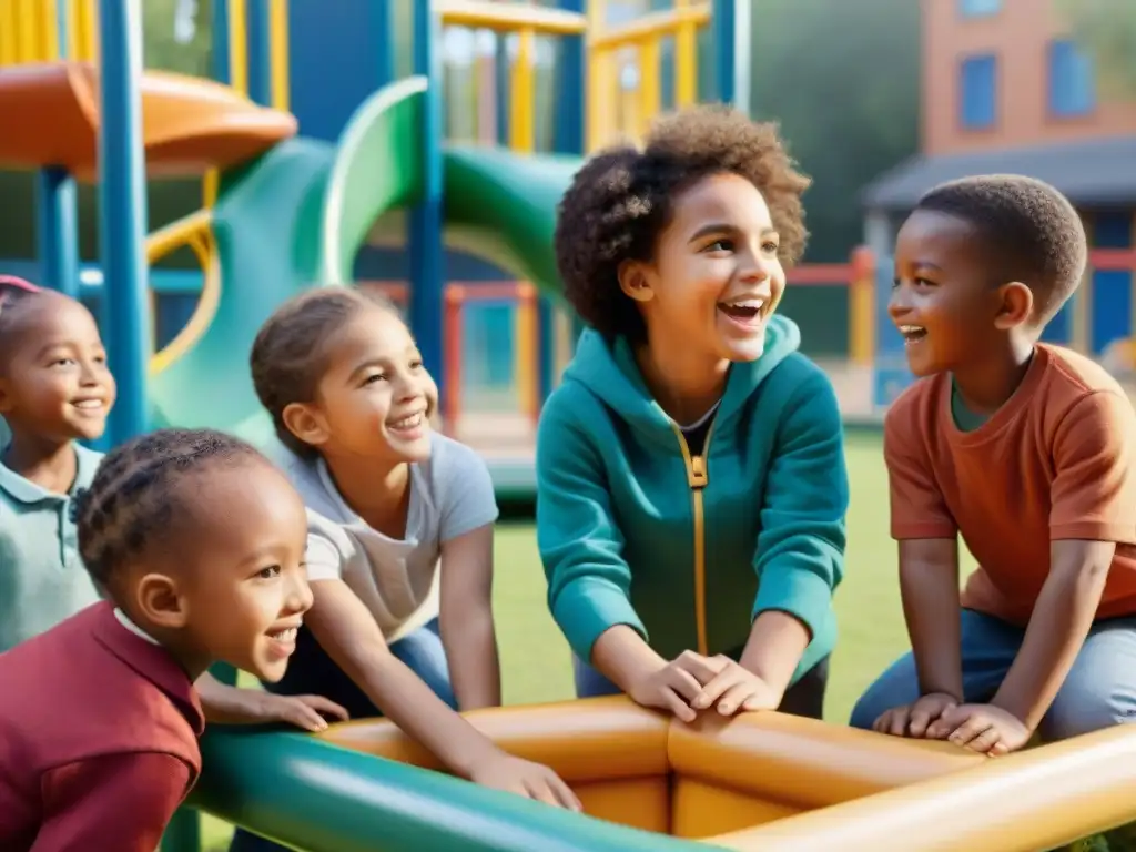 Grupo diverso de niños juegan cooperativamente en un parque, destacando cómo los juegos educativos enseñan empatía