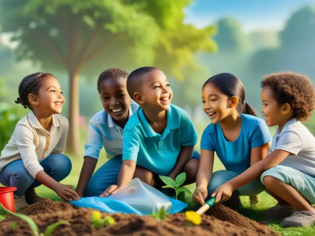 Un grupo diverso de niños juega en un parque verde, aprendiendo sobre reciclaje y plantación