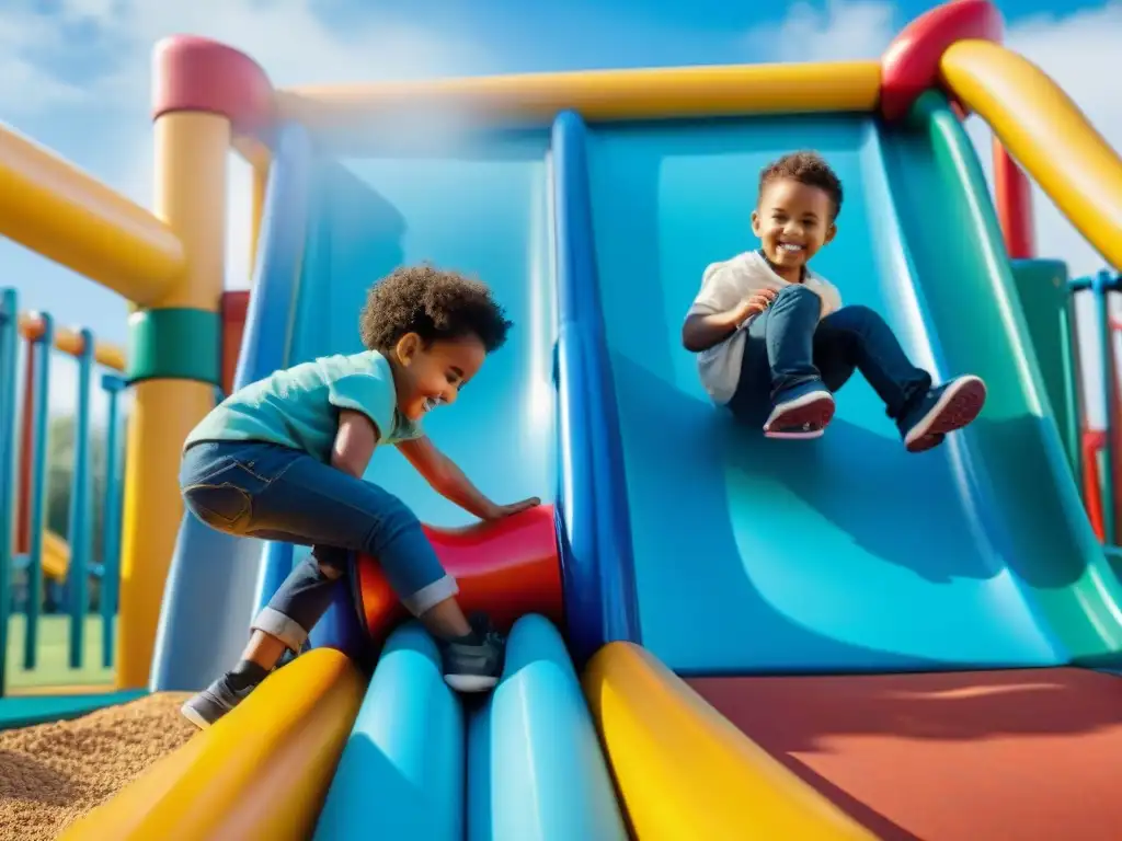 Un grupo diverso de niños juega en un parque colorido y vibrante