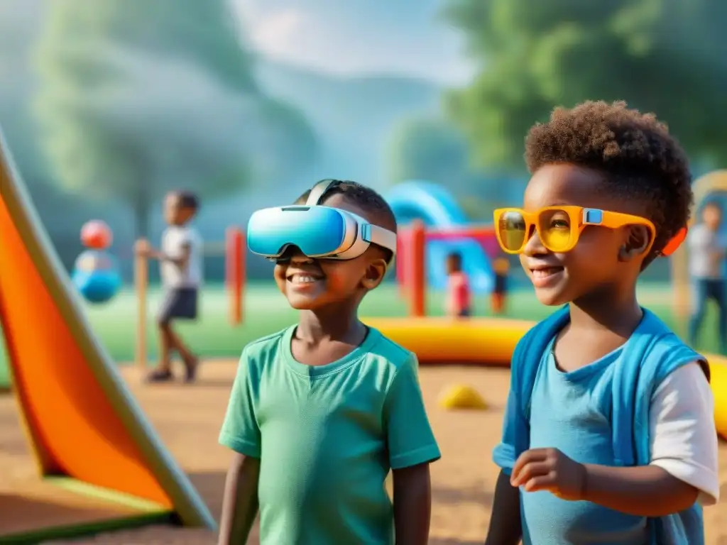 Un grupo diverso de niños juega en un parque con gafas de realidad aumentada, mostrando la inclusión social en juegos con realidad aumentada