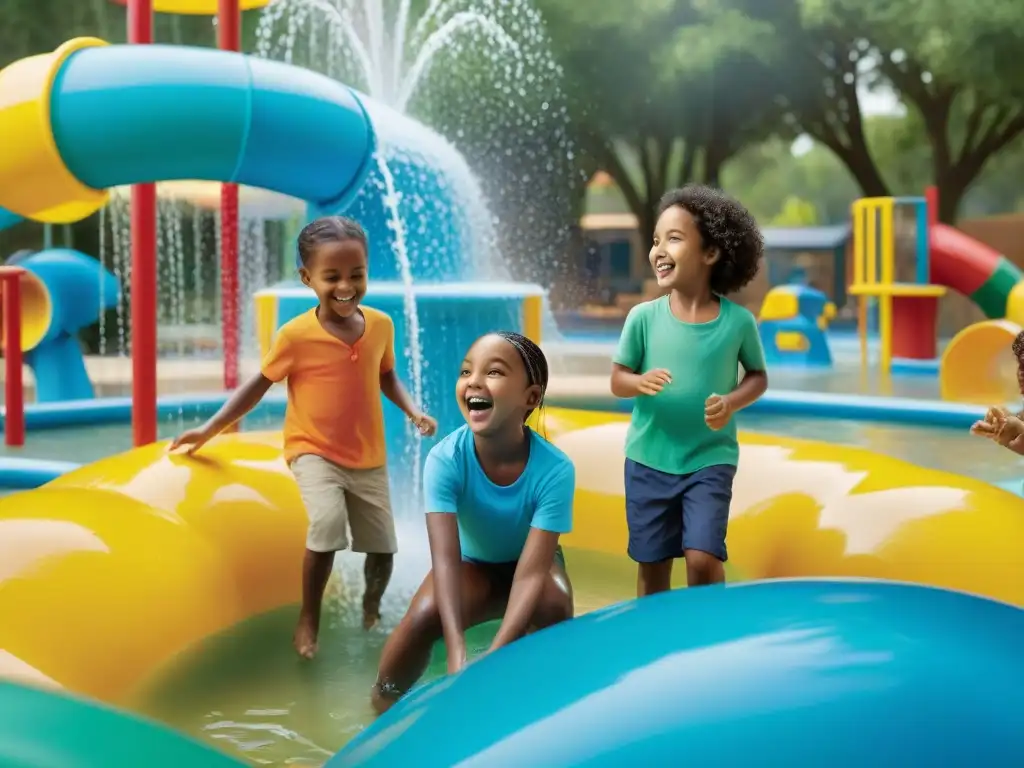 Un grupo diverso de niños juega en un parque acuático educativo, disfrutando de actividades educativas y divertidas