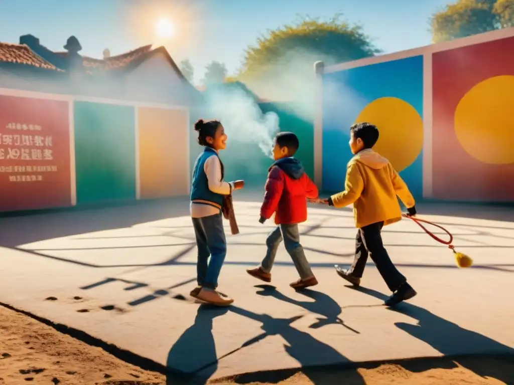 Grupo diverso de niños juega en patio escolar con juegos tradicionales para mejorar aprendizaje