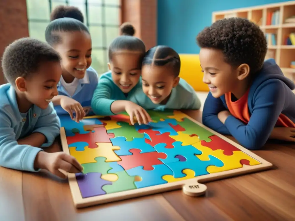 Grupo diverso de niños resolviendo un rompecabezas colorido en una mesa de madera