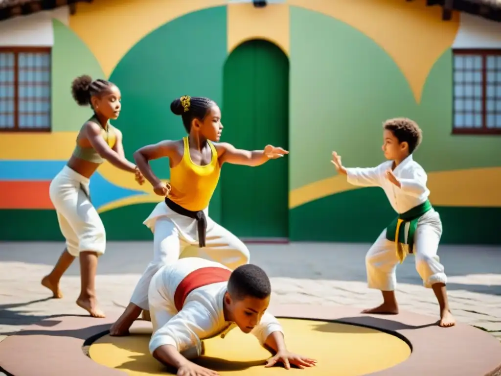 Un grupo diverso de niños en trajes tradicionales de capoeira juegan en un animado patio escolar, mostrando la esencia de esta práctica cultural