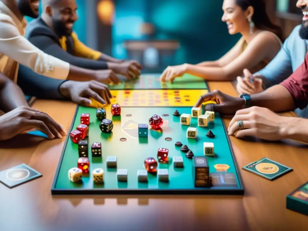 Grupo diverso disfruta de nuevas tendencias juegos mesa en alegre café de juegos, con cajas coloridas y componentes esparcidos en mesa comunal