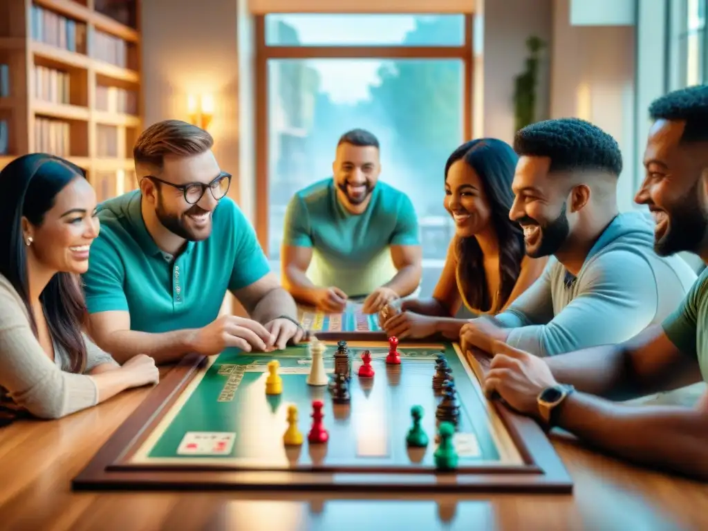 Un grupo diverso de personas disfruta de un animado juego de mesa en una mesa de madera, rodeados de juegos de mesa