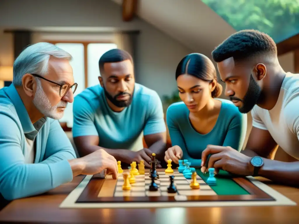 Partida estratégica: Diversión y concentración en juego de mesa Un grupo diverso de personas concentradamente juega un juego estratégico en una acogedora sala
