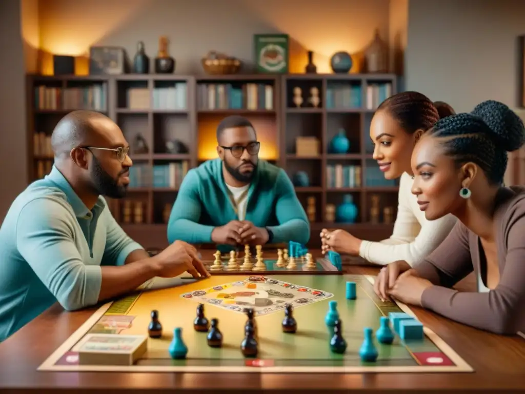 Un grupo diverso de personas concentradas en estrategias inteligentes en juegos de mesa, en una acogedora sala de estar