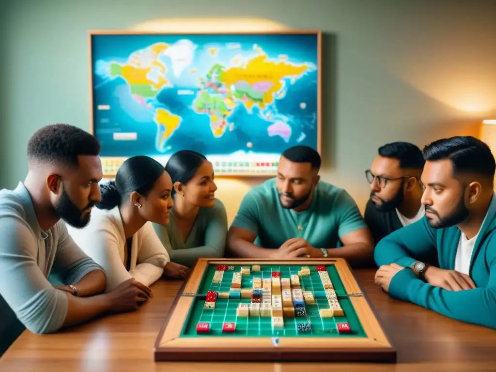 Un grupo diverso de personas de distintos continentes concentradas en un juego de Scrabble en una sala acogedora llena de juegos de mesa de todo el mundo, un mapa mundial en la pared