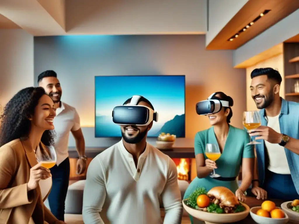 Un grupo diverso de personas explorando destinos culinarios globales a través de la realidad virtual en una sala multicultural