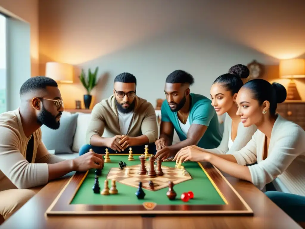 Juego de mesa con mecánicas de videojuegos: diversión y estrategia en grupo Un grupo diverso de personas juega un emocionante juego de mesa con influencia de videojuegos en una acogedora sala llena de juegos