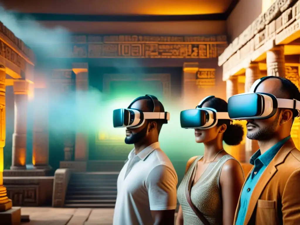 Un grupo diverso de personas en una experiencia de realidad virtual en un templo maya