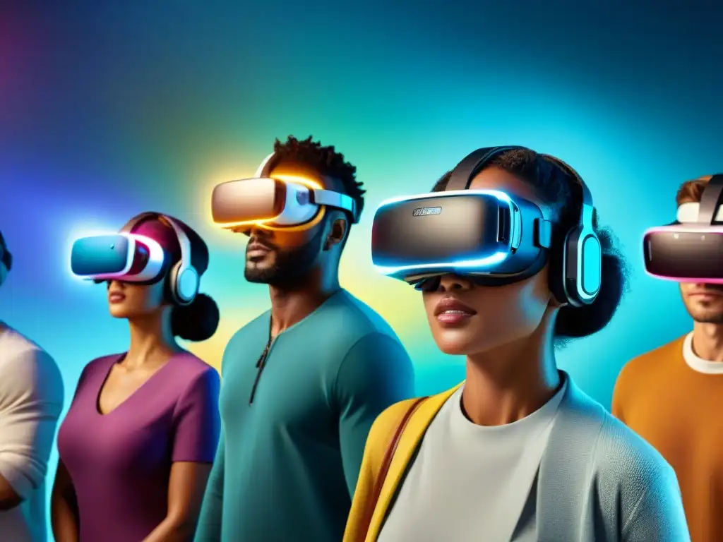 Un grupo diverso de personas inmersas en un mundo virtual futurista, mostrando la evolución de la realidad virtual en juegos y culturas