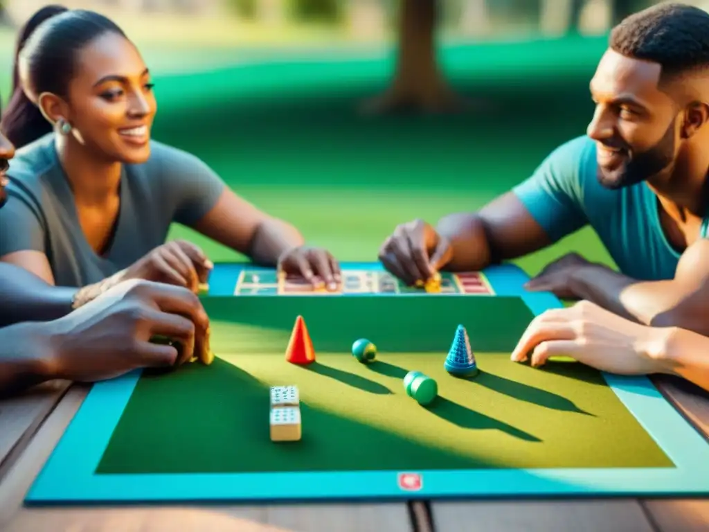 Un grupo diverso de personas juega un juego de mesa en un parque, rodeados de naturaleza y materiales reciclados