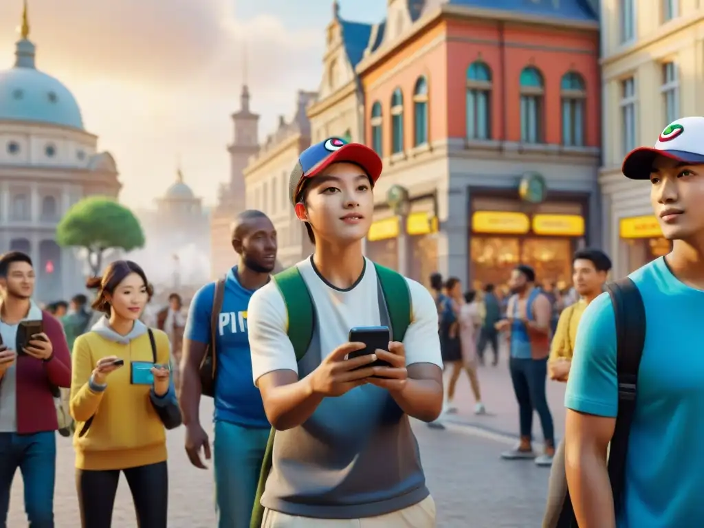 Un grupo diverso de personas de todo el mundo juega Pokémon Go en una plaza de la ciudad, reflejando el fenómeno de Pokémon Go global