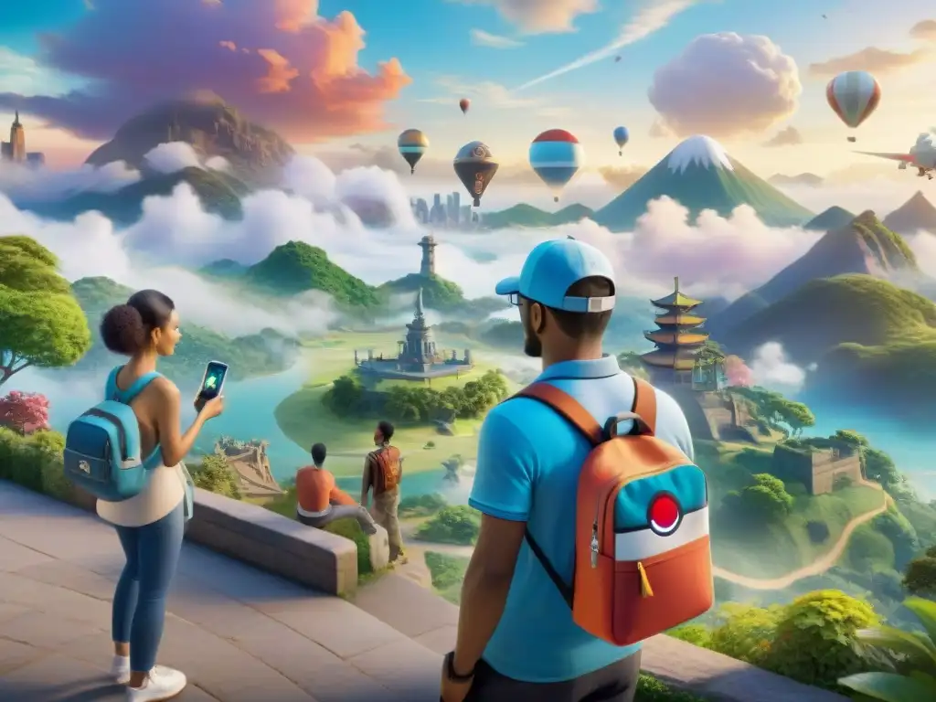 Un grupo diverso de personas de todo el mundo juega Pokémon Go, mostrando paisajes y culturas