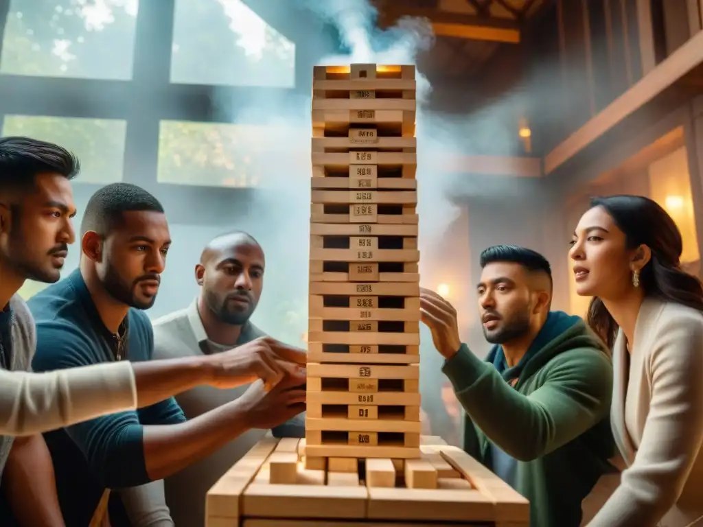 Diversión y suspense: Juego de Jenga en sala acogedora Un grupo diverso de personas juega Jenga en una sala acogedora