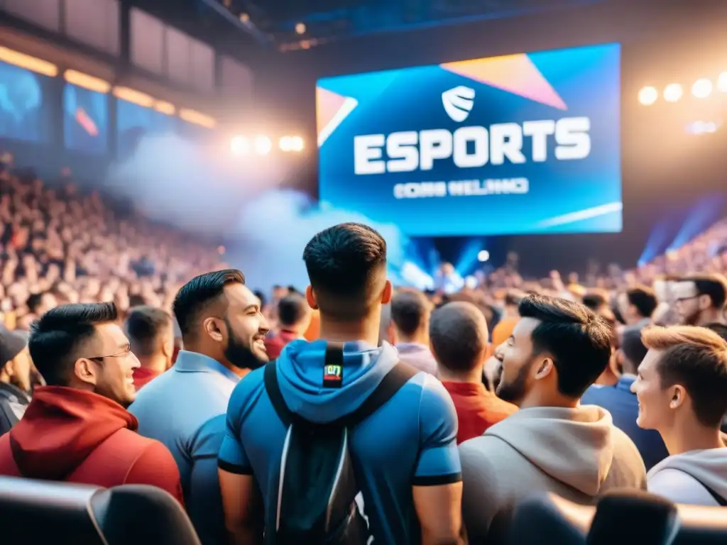 Un grupo diverso de personas se emociona viendo un torneo de eSports juntos, reflejando el impacto positivo de los eSports en comunidades