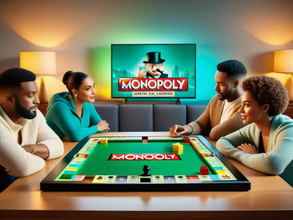 Un grupo diverso de personas disfruta de una versión digital de Monopoly en una acogedora sala iluminada por pantallas