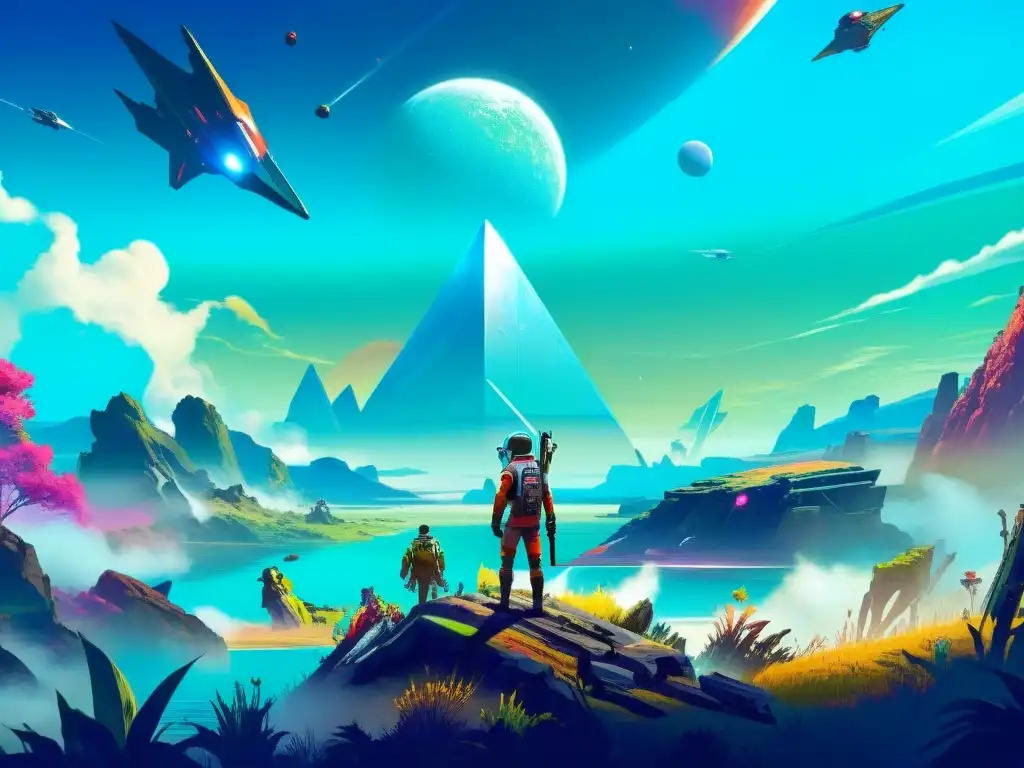 Un grupo diverso de principiantes en No Man's Sky explorando planetas y descubriendo maravillas alienígenas juntos