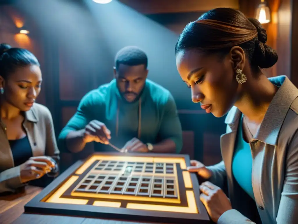 Equipo diverso resolviendo puzzle en escape room con emoción Grupo diverso resuelve un puzzle en escape room, mostrando emociones y beneficios juegos escape emocionales cognitivos