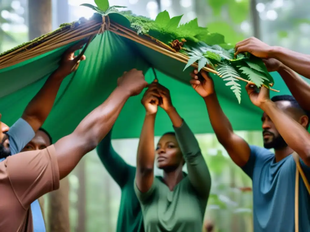 Grupo diverso construye refugio en bosque, mostrando importancia de juegos de supervivencia en sociedad moderna