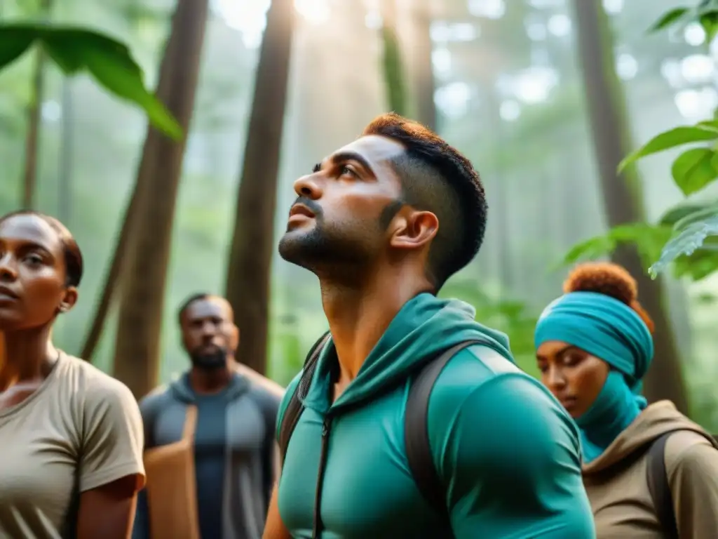 Grupo diverso construyendo refugio en el bosque, mostrando resiliencia humana en juegos tradicionales